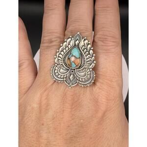 Mojave / Mohave Turquoise Radiant Lotus Adjustable Sterling Silver 925 Ring
